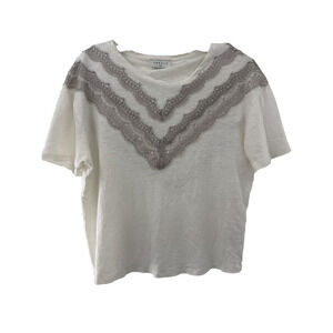 Sandro Paris Short Sleeve Linen Lace Tee Silver Accent Size 0 (XS) Designer